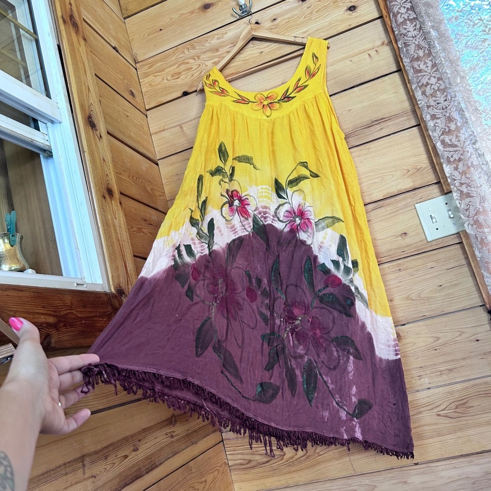 Hand Painted Maxi Dress Womens Free Size Yellow Floral Tie Dye Fringe Upcycled